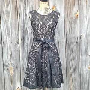 Black Floral Lace Cocktail Dress Betsy & Adam Size 4 Fit & Flare Nude Illusion